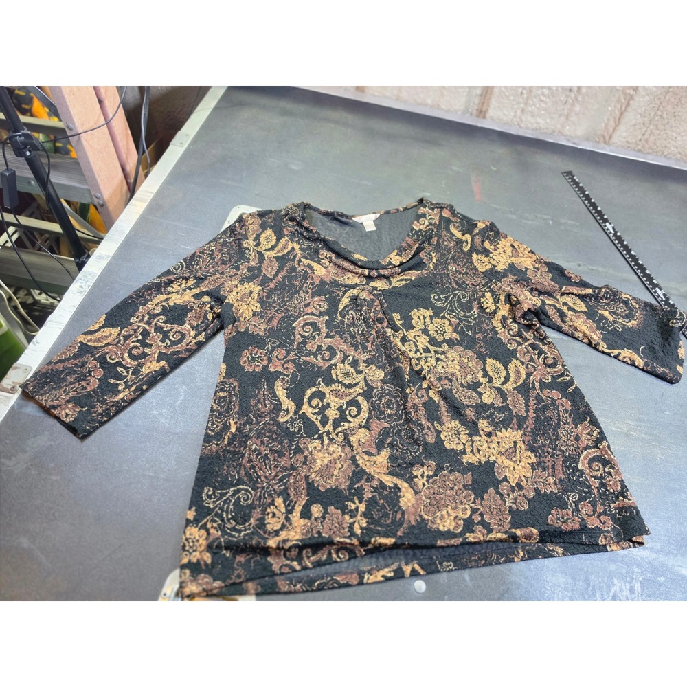White Stag Gold Black Paisley Floral Cowl Neck 3/4 Sleeve Blouse XXL 2XG
